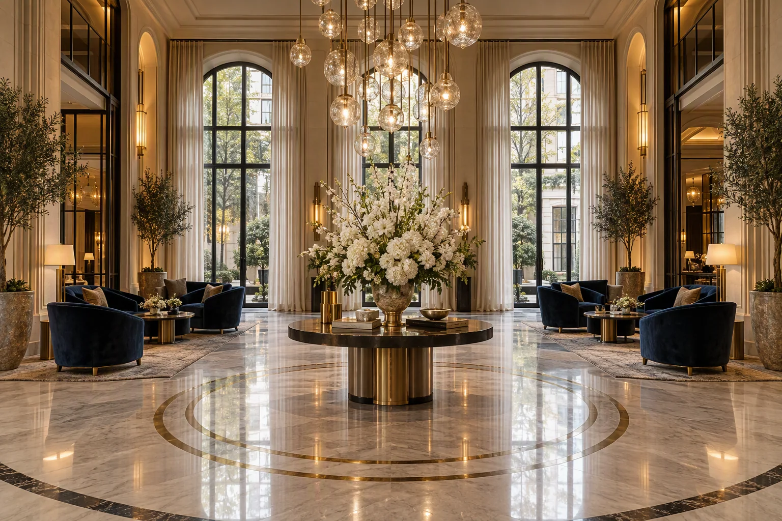 The marble and brass lobby of Praivelle House with navy velvet armchairs and a large floral arrangement