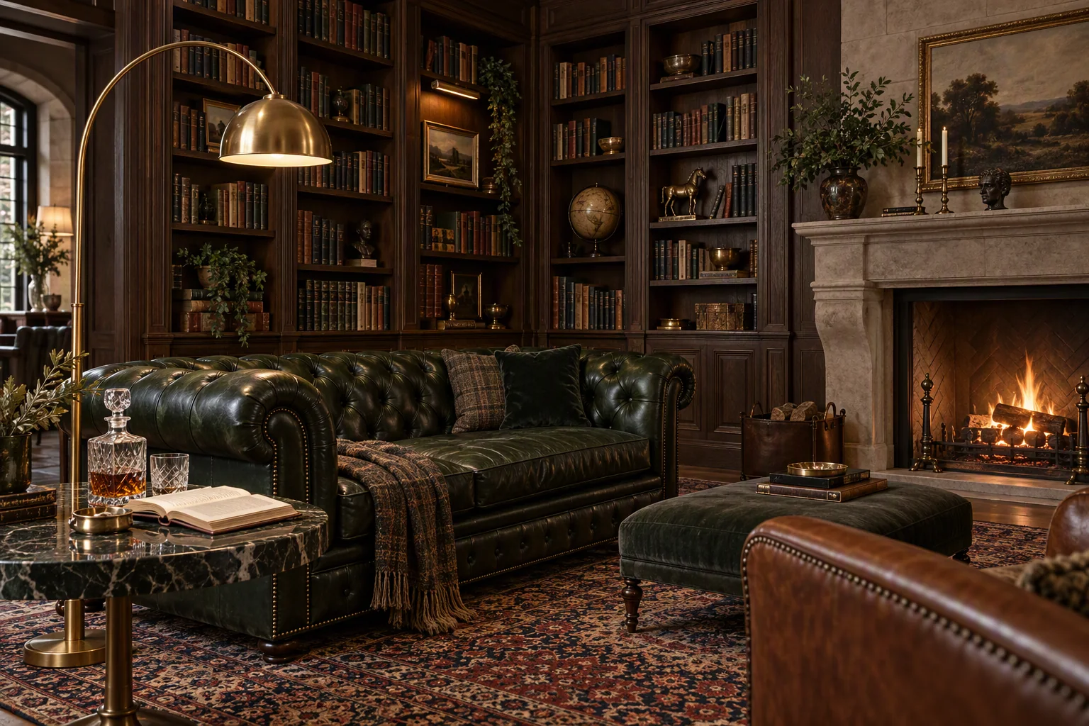 A quiet library alcove at Praivelle House with an armchair and shelves of books