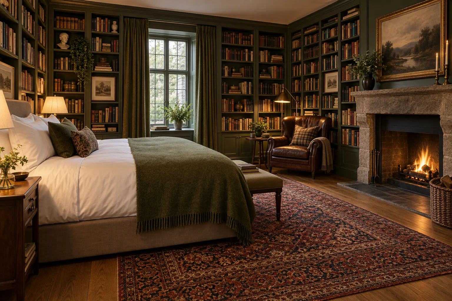 The Library Room at Praivelle House lined with floor to ceiling bookshelves