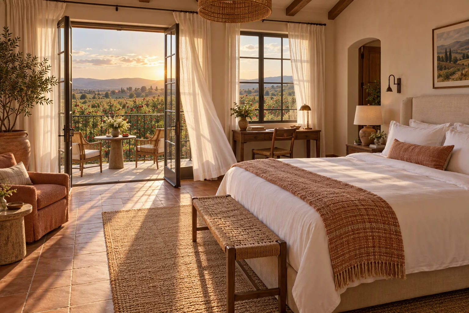 The Orchard Suite at Praivelle House with French doors open onto a balcony