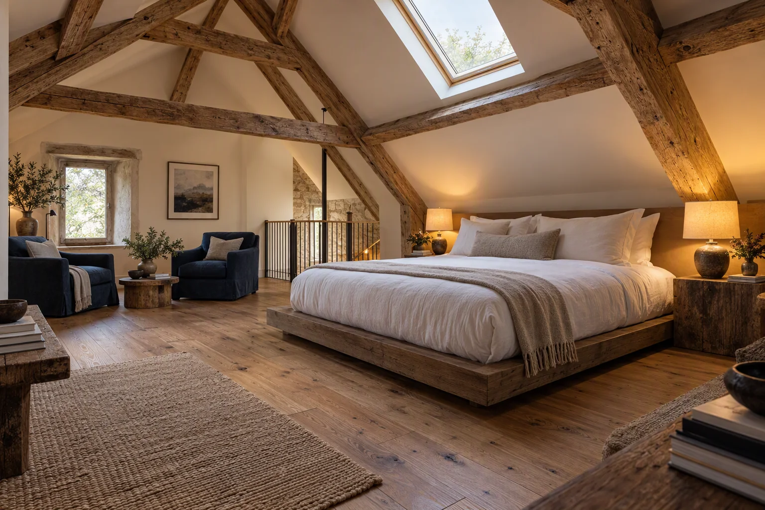 The Loft at Praivelle House with exposed oak beams and a vaulted ceiling