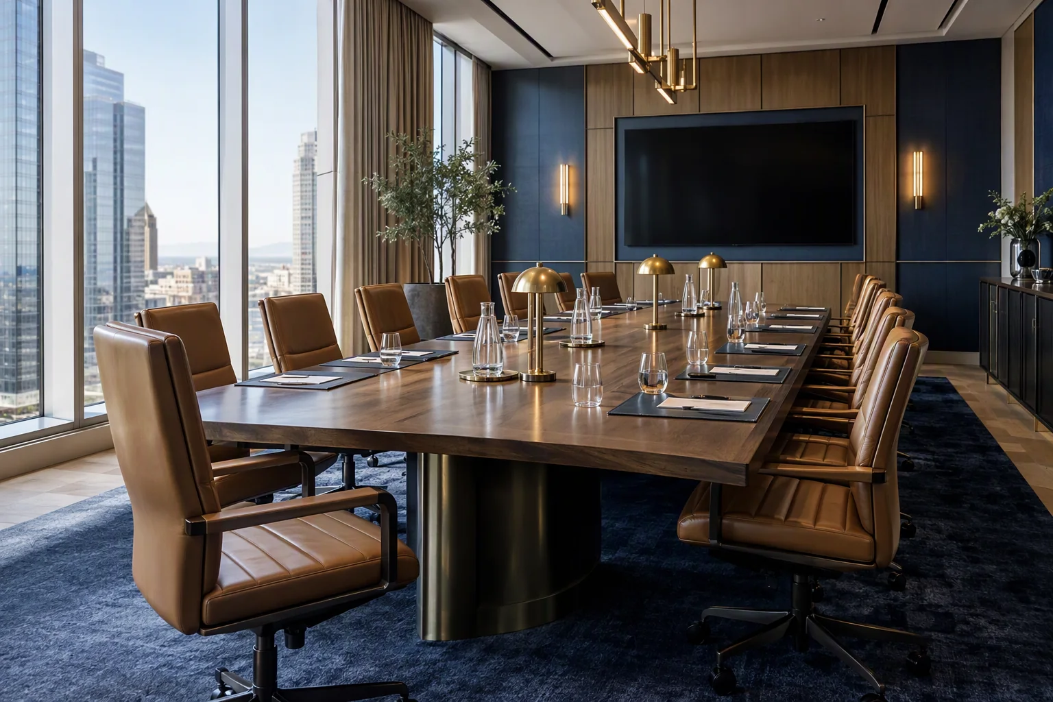 A boardroom at Praivelle House with a long table and windows onto the prairie