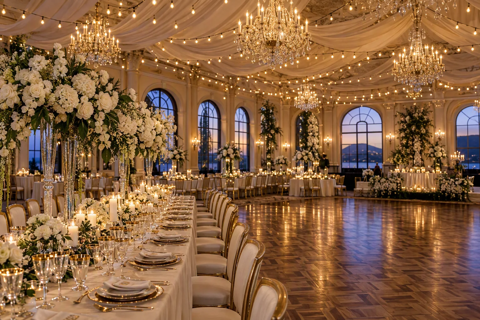 A long table set for a wedding on the south lawn at Praivelle House